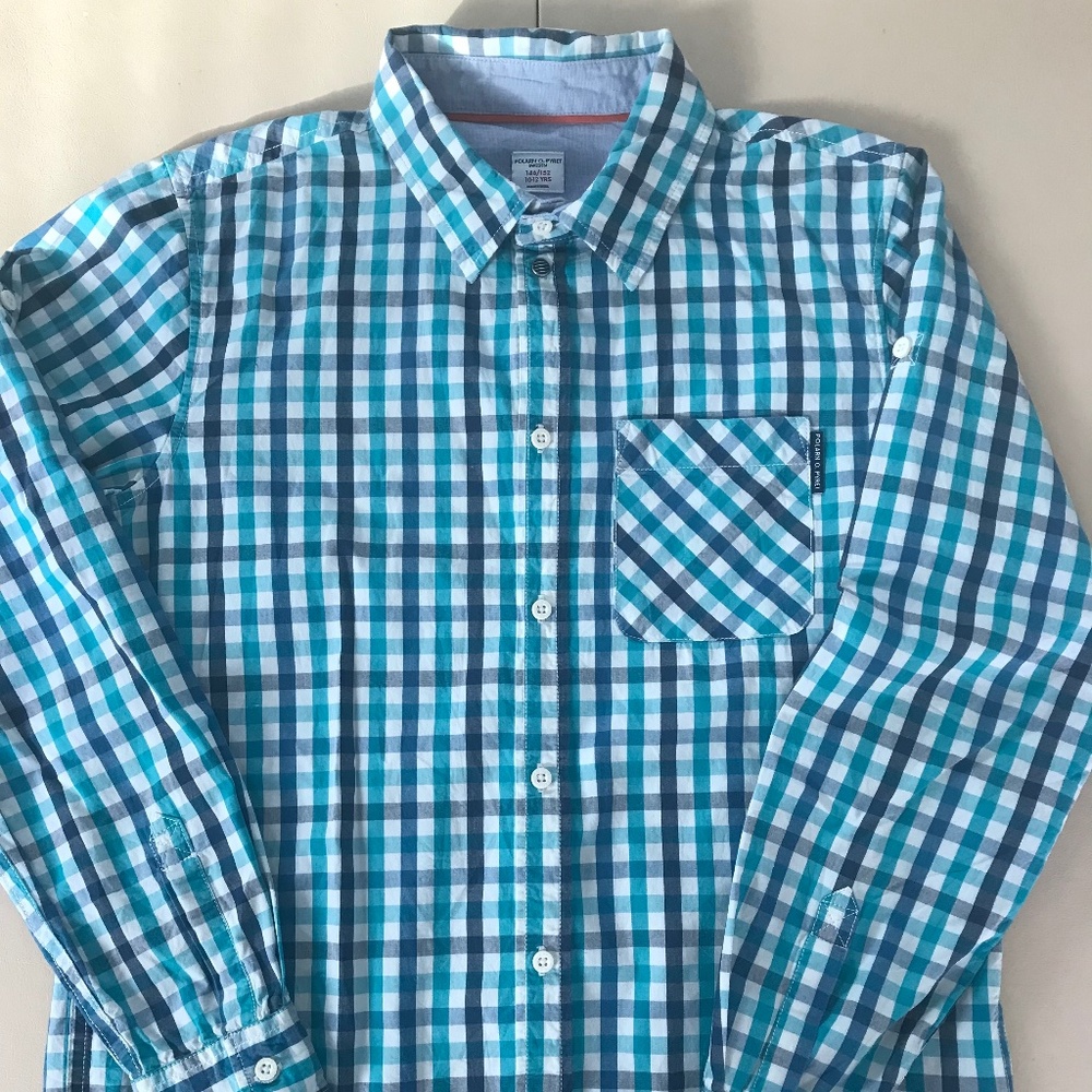 Blue and white checked button down shirt